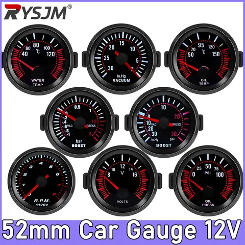 2" Turbo Boost Gauge 52mm Smoke Lens with Sensor Boost Gauge Bar Psi/Vacuum/Water Temp/Oil Pressure/Voltmeter/Tachometer RPM