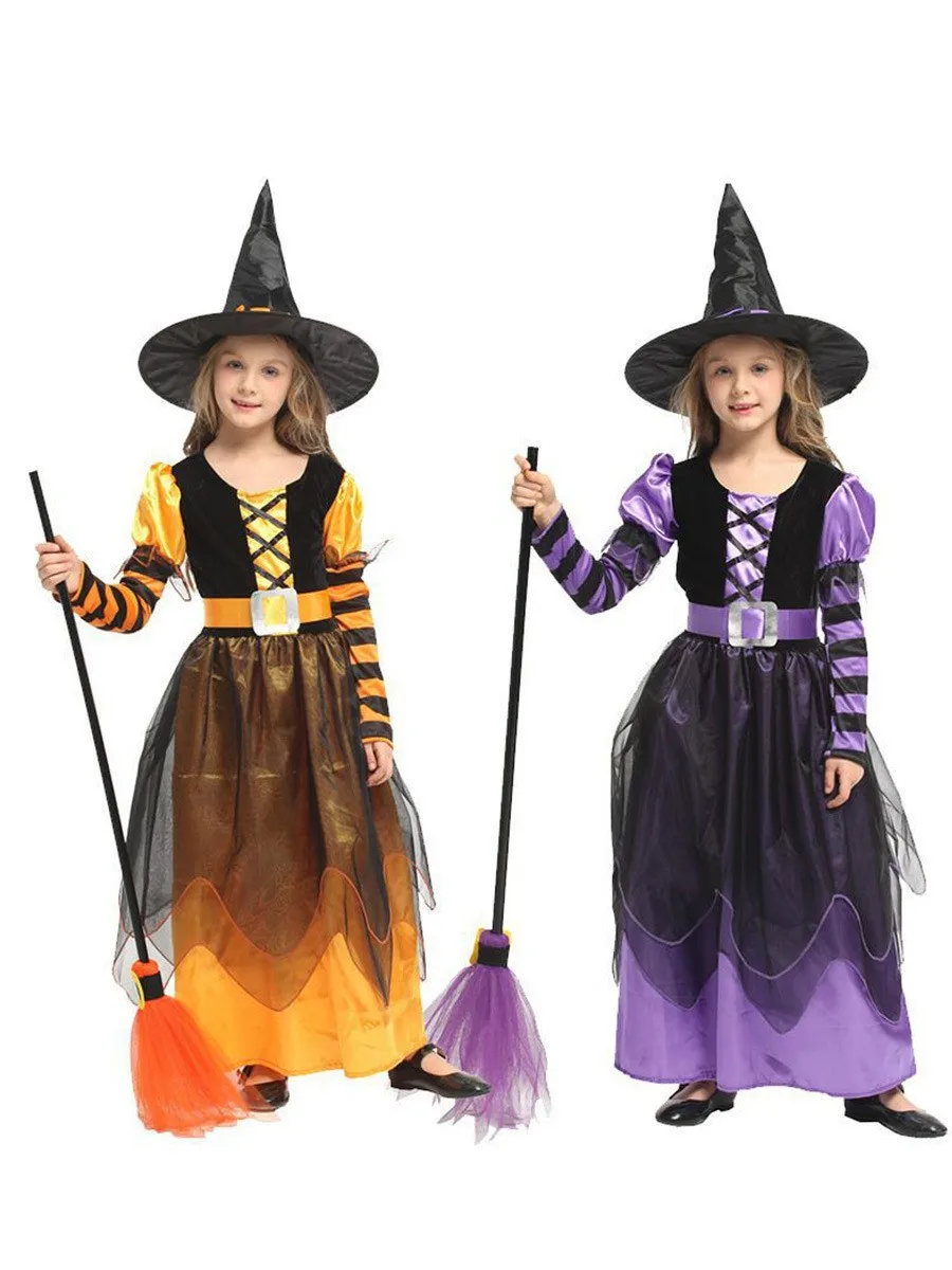

2025 Halloween Dress Girls Cosplay Costume With Hat Kids Carnival Magic Gown Ball Children Disfraz Carnival Dress Up 4-10Y