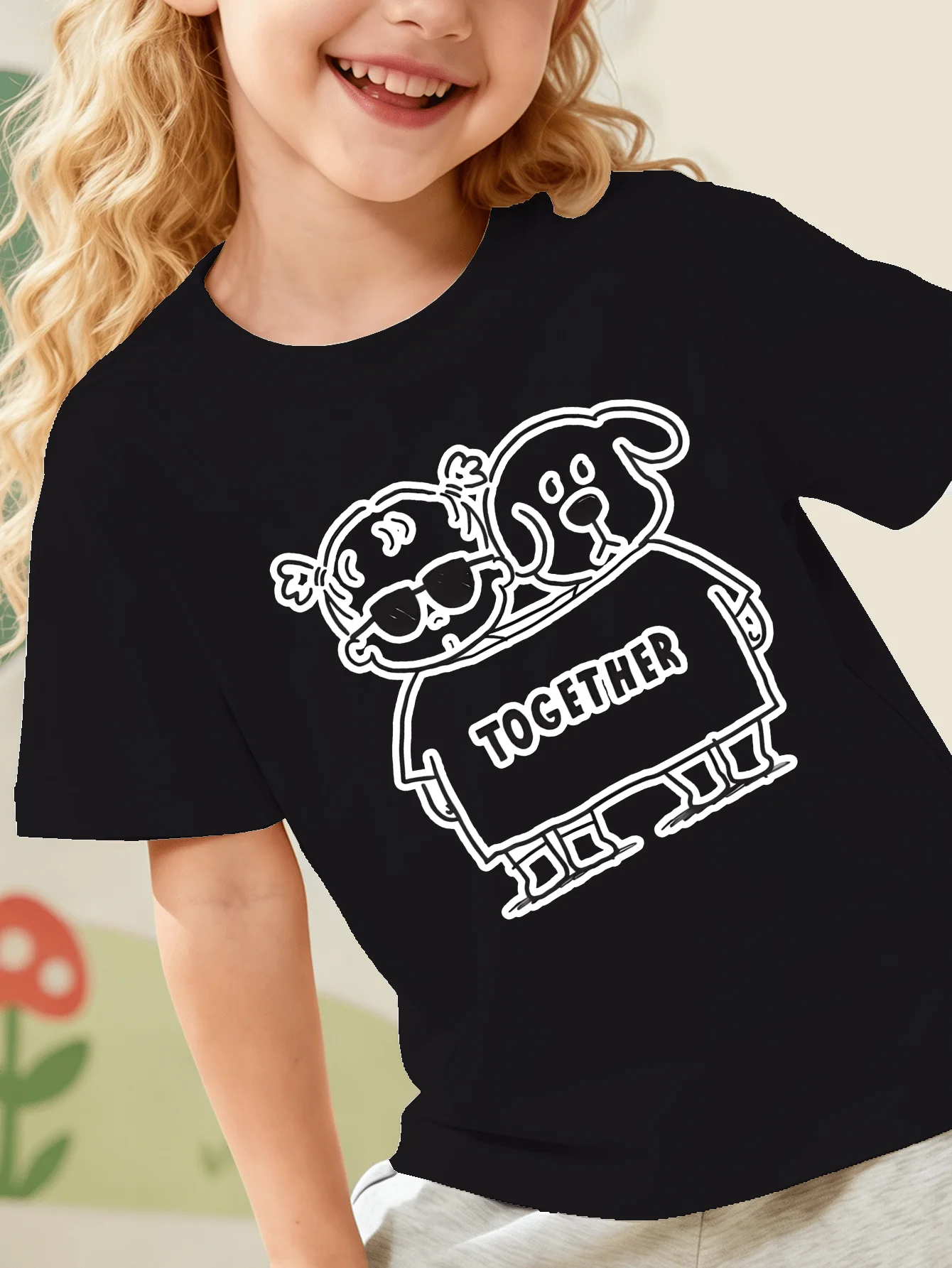 Doodle Girl And Dog Together Letter Minimal Sketch Print Kids T Shirt Boys Girls Family Matching Summer Crew Neck Casual Tee