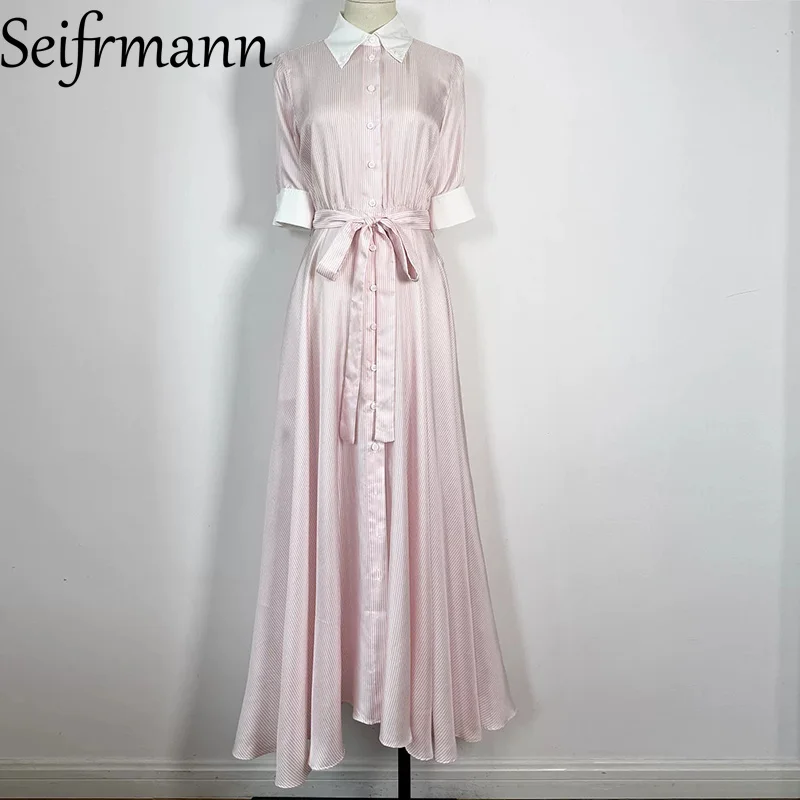 Seifrmann summer women's new style Contrast striped silk dress lapel short-sleeved lace-up waist long dress