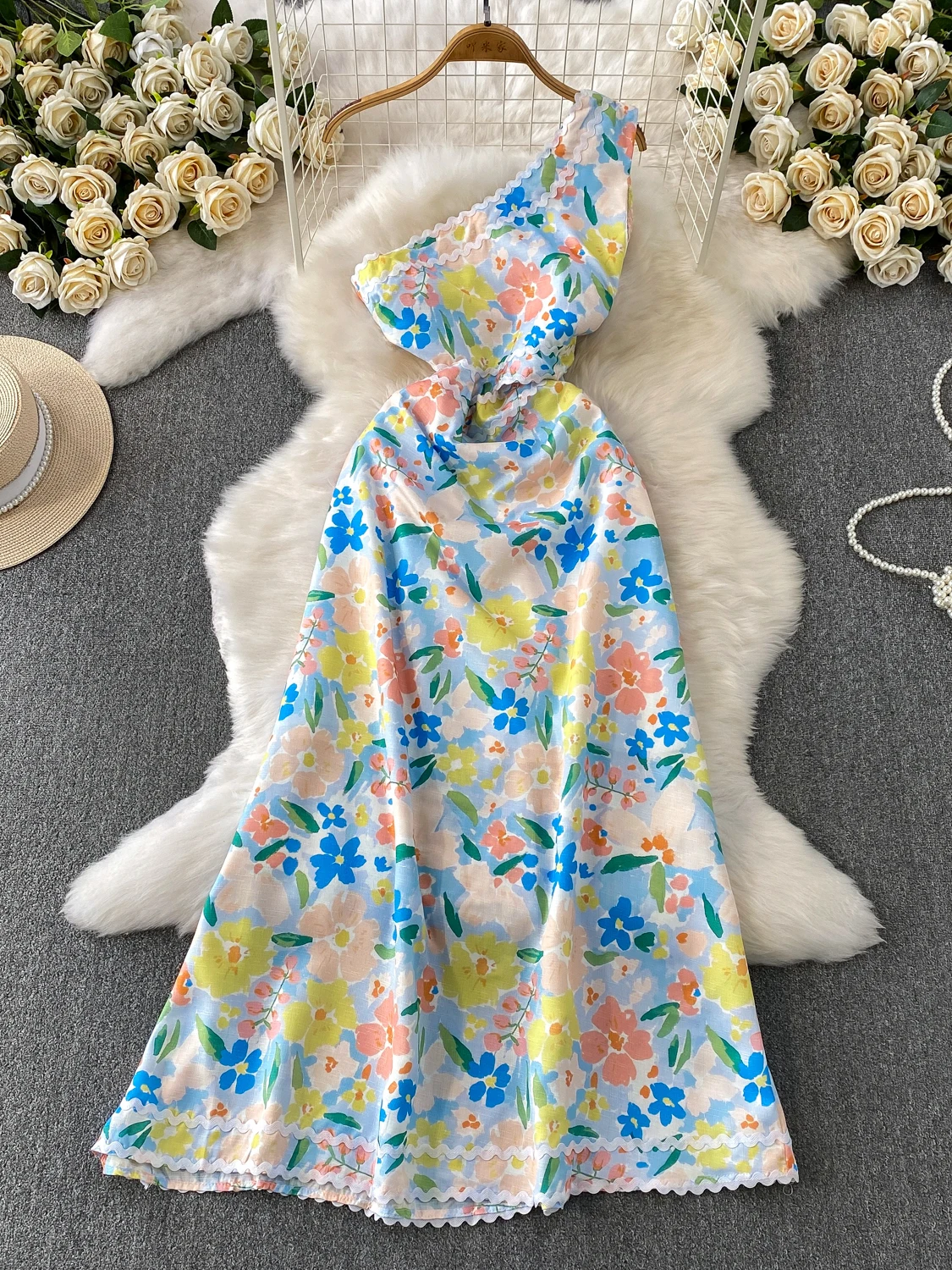 

Женское длинное платье Vaion Sle Ele с принтом в стиле масляной живописи, асимметричным воротником и новым волнообразным узором, элегантное, с открытым животом