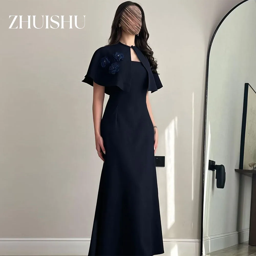 ZHUISHU Abiti da festa eleganti da donna per invitati al matrimonio Abito da ballo semi-sirena con scialle a mantella Abito da sera personalizzato con fiori 3D