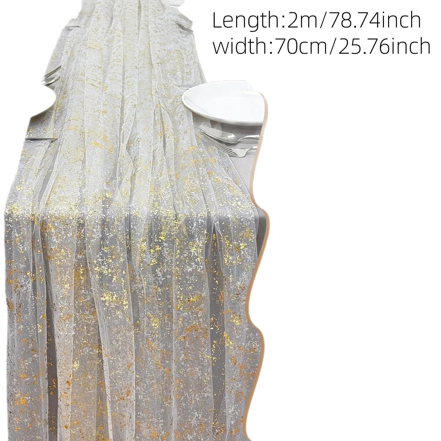 1PC 2mx70cm Chiffon Table Runner with Tulle Sheer Panels & Glitter Metallic Foil Edges - Suitable for Wedding, Birthday, Bridal