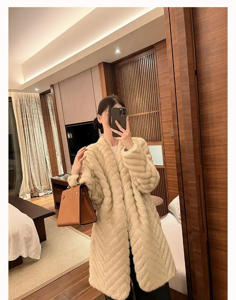 Faux Fur Elegant Coats Womens Raglan Knee Length Vacation Woman Korean Style Slim Cinched Waist Furs Minimalist White Bar Turn