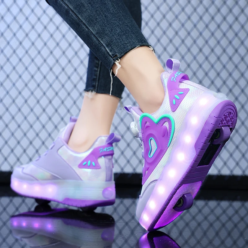 Children Two Girls Wheels Luminous Glowing Sneakers Heels Pink Led Light Roller Skate Shoes Kids Led Shoes USB Charging Fashion