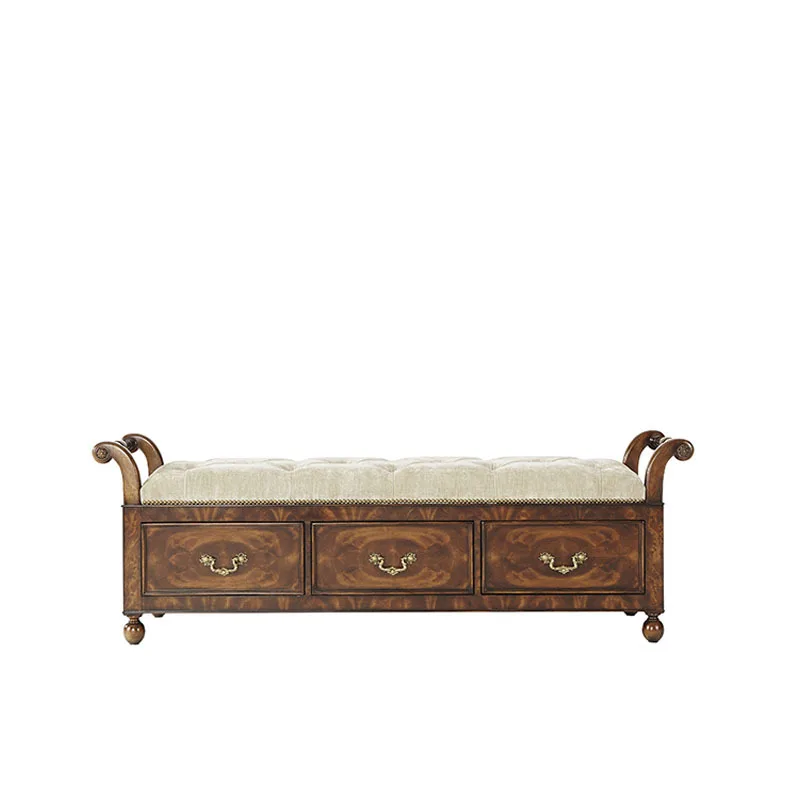 Mahogany pull button bedside stool neoclassical wood grain parquet storage stool carved La Casa bedroom furniture