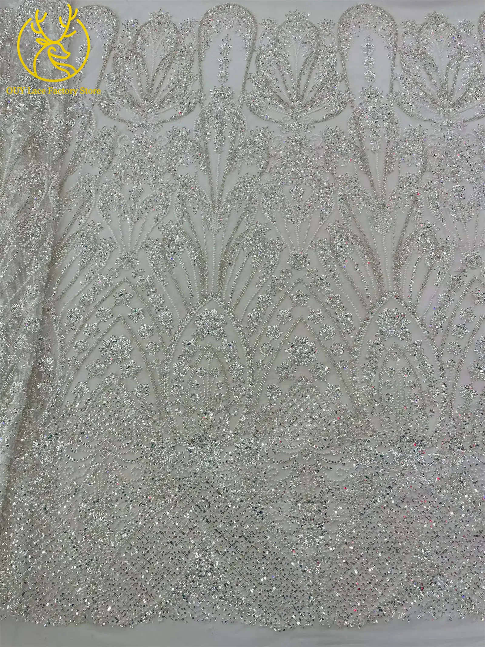 5 Yards afrikanischer schwerer Perlen-Pailletten-Netzstoff, goldener französischer Pailletten-Tüllstoff für wunderschöne Hochzeitskleider zum Nähen – Detail 8