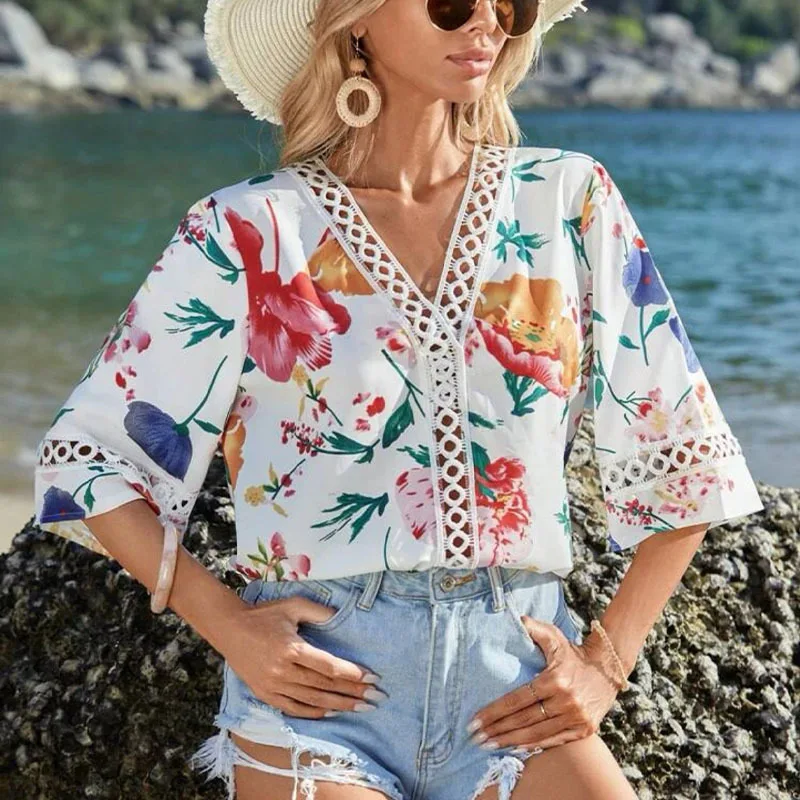 قميص شيفون فضفاض برقبة على شكل حرف V ، أكمام قرن ، بلوزة دانتيل ، ركاب مزاجي ، أوروبا والولايات المتحدة ، جديد ، صيف #2