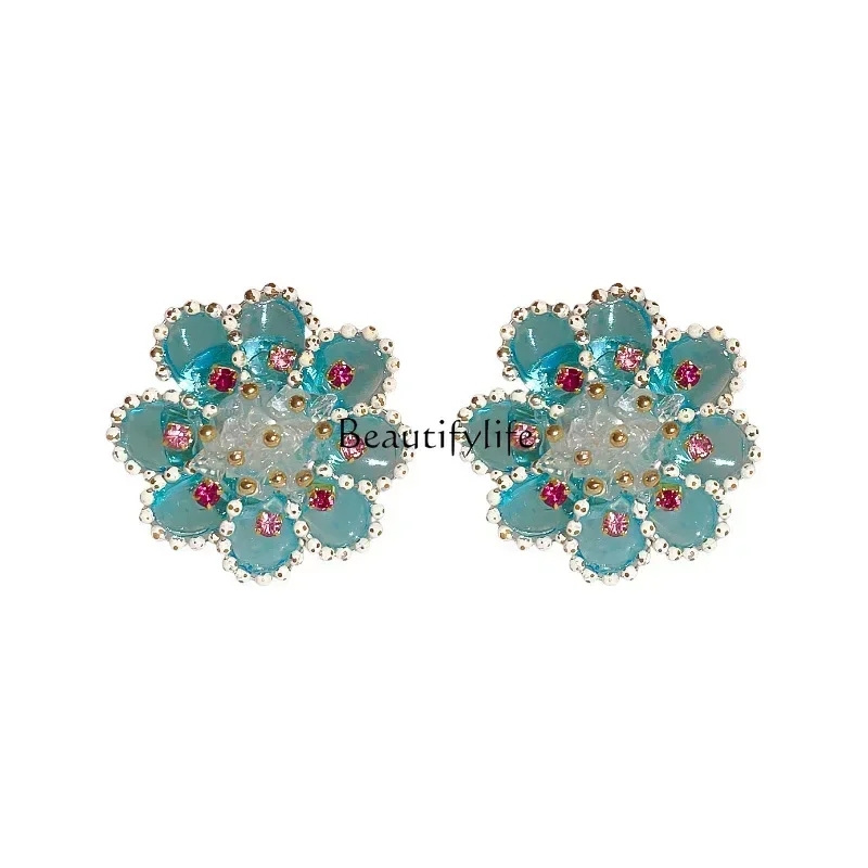 

Diamond rice bead crystal flower woven earrings literary small fresh Mori fashion new earrings women