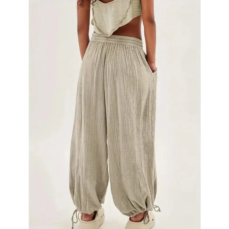 Spodnie damskie plus size 1XL-5XL, nowe, z elastyczną talią, codzienne, jednolite, z szerokimi nogawkami i kieszeniami.