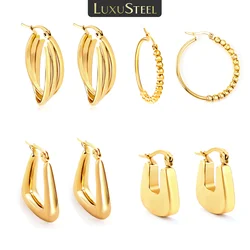 LUXUSTEEL Hoop Earrings Geometry Stainless Steel Metal Stud Earrings for Women Girls Round-Shaped Golden Female Earring Jewelry