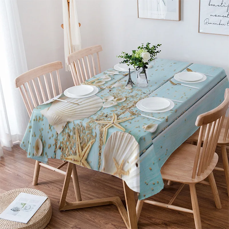 

Wooden Board Shells Starfish Table Cloth Waterproof Dining Tablecloth Kitchen Decorative Coffee Cuisine Party Table Cover