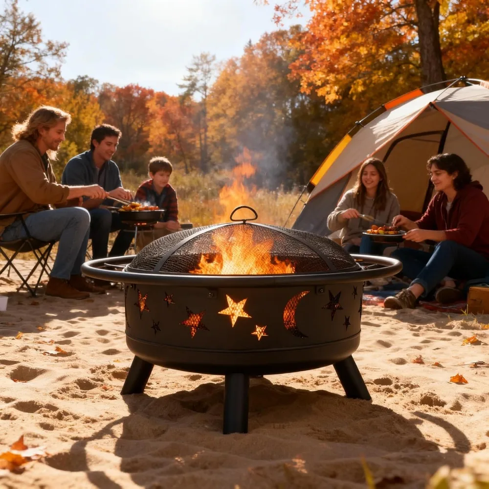 "Fogueira circular externa de queima de madeira de 32 polegadas com tampa de malha, pôquer e recortes de céu estrelado"