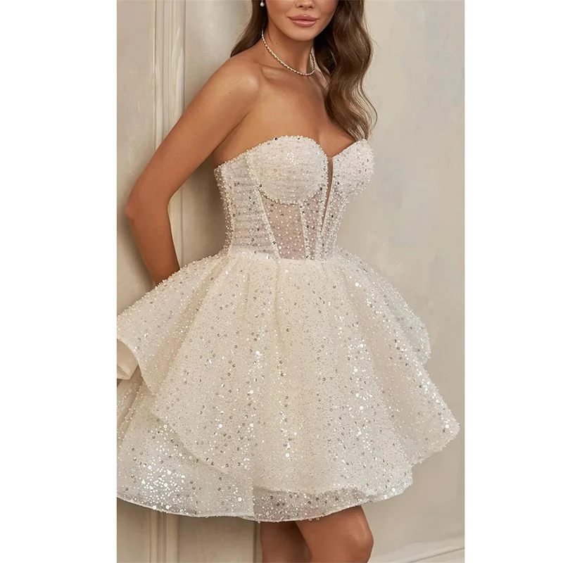 Robe de soirée courte sans bretelles, paillettes, perles, chérie, à plusieurs niveaux, en Tulle, robe de Cocktail, ligne a, robe de soirée