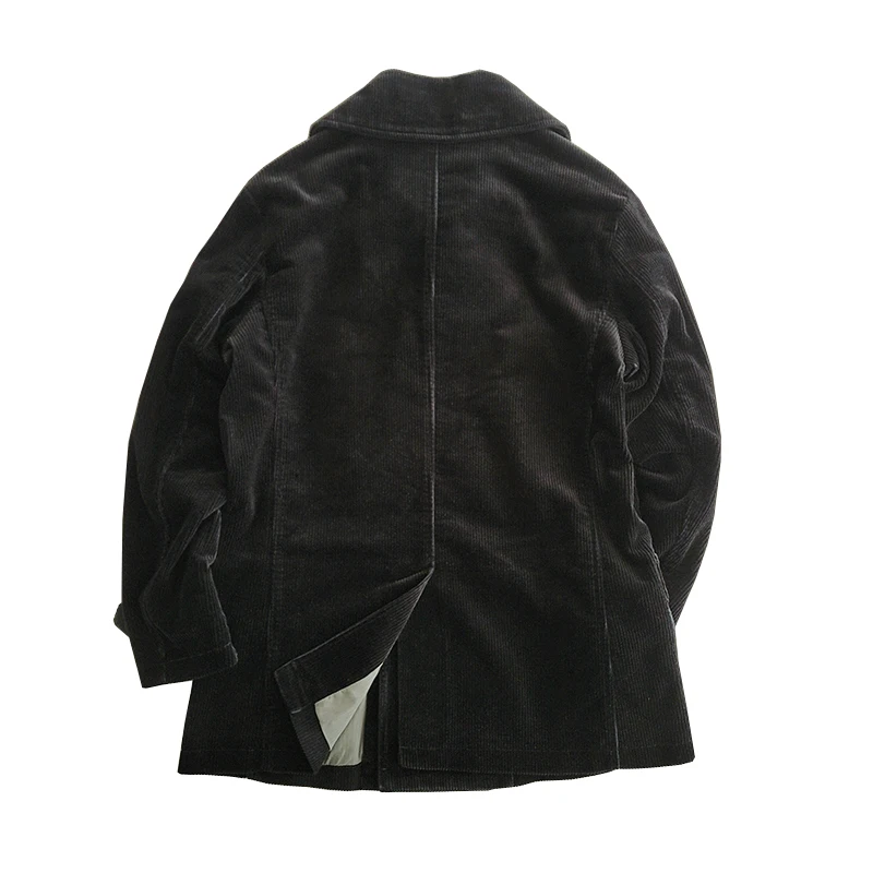 Men\'s Pea Coat Corduroy Mid-Length Heavyweight Double-breasted Black Military Safari Sack Suit Autumn Winter Vintage Jacket