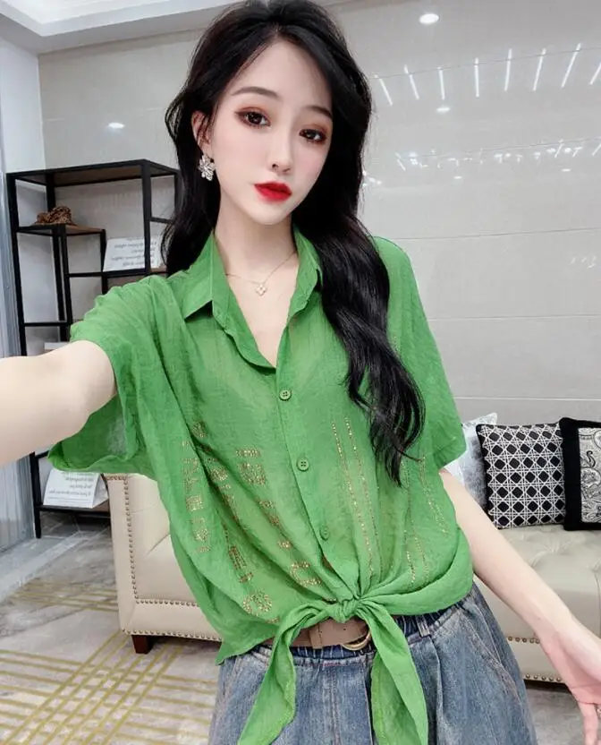 2024 Summer Women\'s New Hot Diamond Shirt Thin Short Sleeve Fashionable Loose Western Style Top Trendy