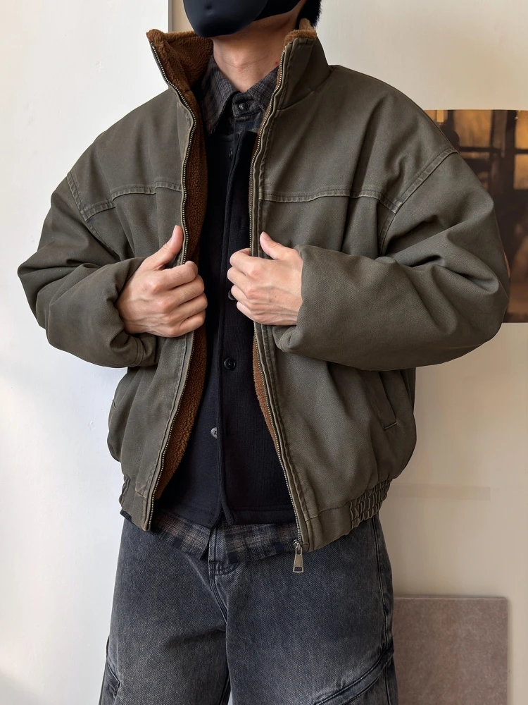 Mens Winter Heavy Duty Washed Distressed Fleece Jacket Thick Warm Windproof Stand Collar Streetwear High Quality Outdoor Coat