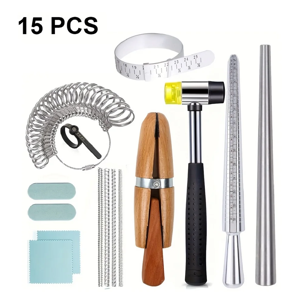 15pcs Ring Making Tool Kit Ring Mandrel Sizer Gauge with Rubber Mallet Ring Clamp Jewelry Repair & Shaping Tools for DIY Jewelry