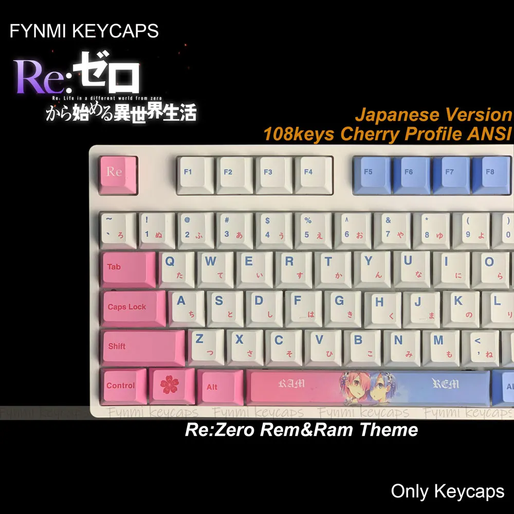 Колпачки для клавиш Rem Ram RE ZERO 108, колпачки для клавиш ANSI Cherry Proflie Dye Sublimation PBT от Fynmi, заводские колпачки для клавиш