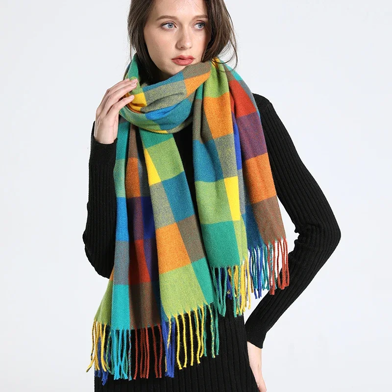 2023 New Women Simulated Cashmere Checker Scarf Warm in Winter Long Thick Cashmere Touch Tassel Fashion Color Checker Scarf