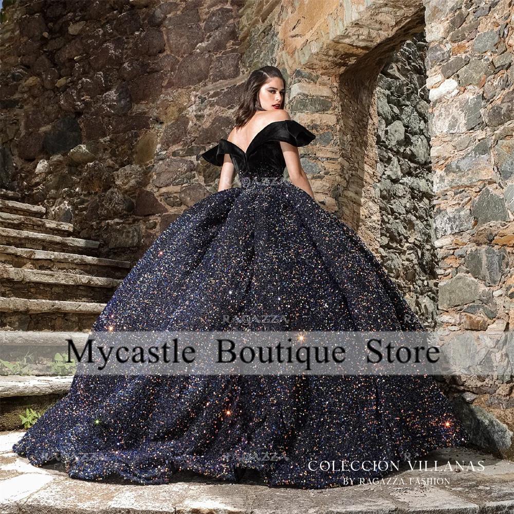 Neuankömmlinge schwarz Samt Quince anera Kleid 2023 Ballkleid schulter frei Pailletten süß 16 Kleid Schnürung Vestido 15 Años