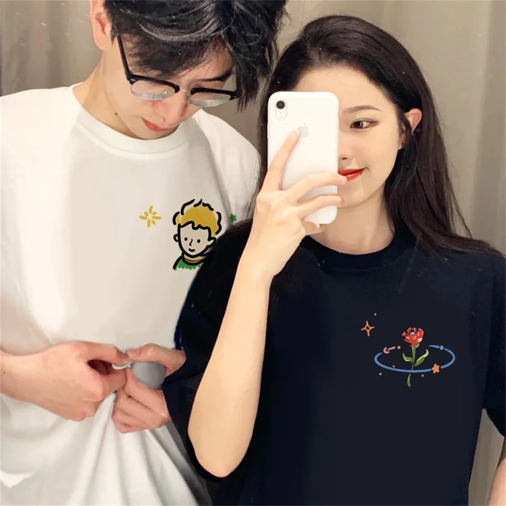 2024 Retro Rose Print Summer Cotton Couple T-Shirts Tee For Men Women Korean Style Cute Round Neck Short Sleeved Tshirts Top