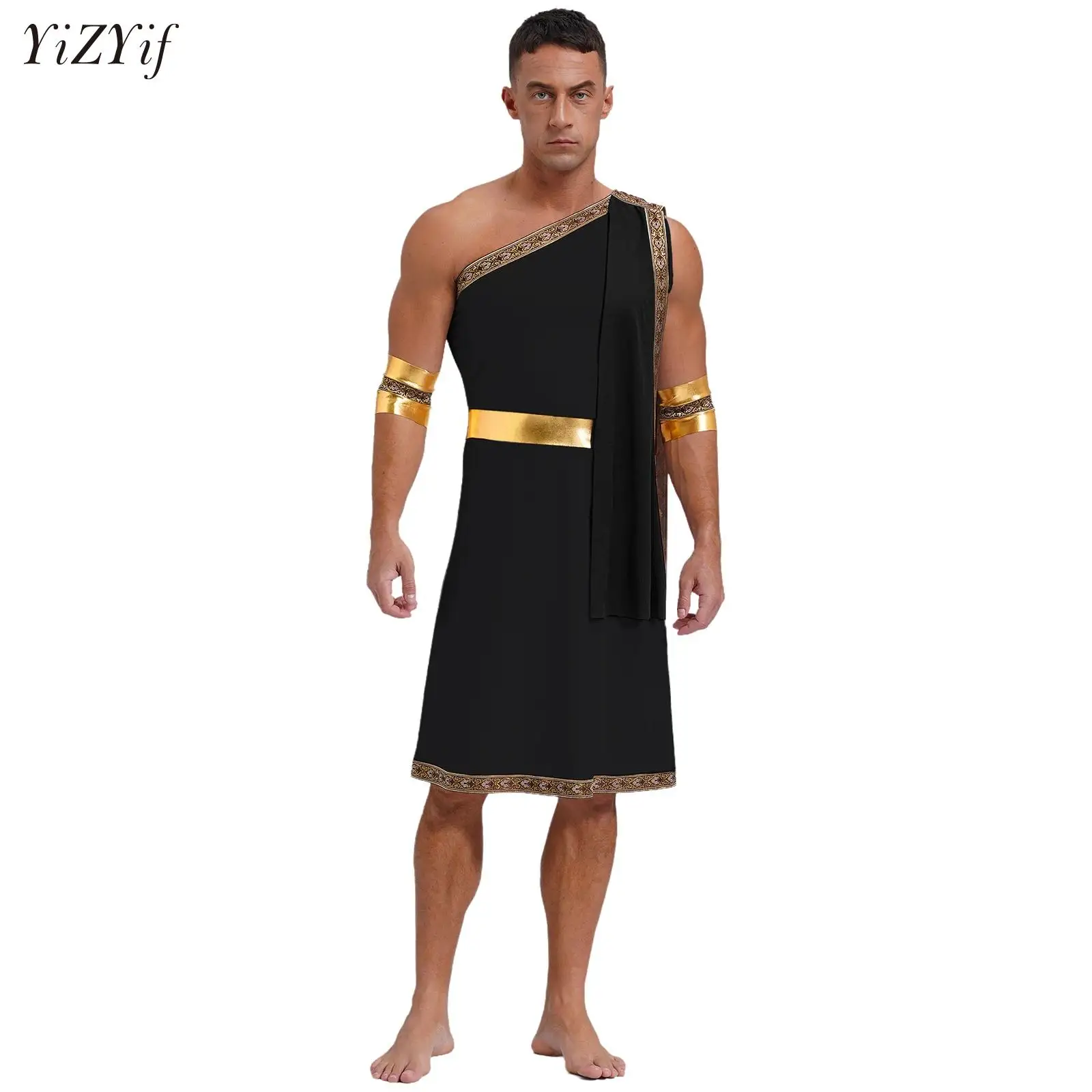 

Men Ancient Greek Toga One Shoulder Embroidered Trim Gladiator Medieval Knight Warrior Robe+Cuffs Costumes for Halloween Cosplay