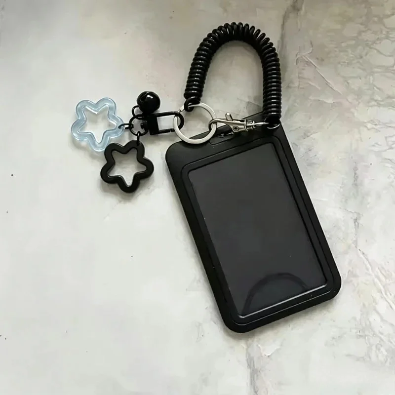 Cute Star Charm Retractable Coil Lanyard ID Card Holder with Keychain Sturdy Protective Case for Bus Card Campus ID Work Badge