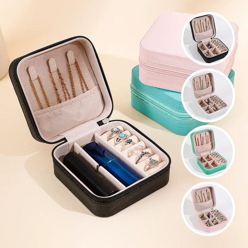 Boîte à bijoux simple et portable, boîte de rangement pour bagues et boucles d'oreilles, couvercle à fermeture éclair, boîte d'accessoires de voyage, boîte à perles