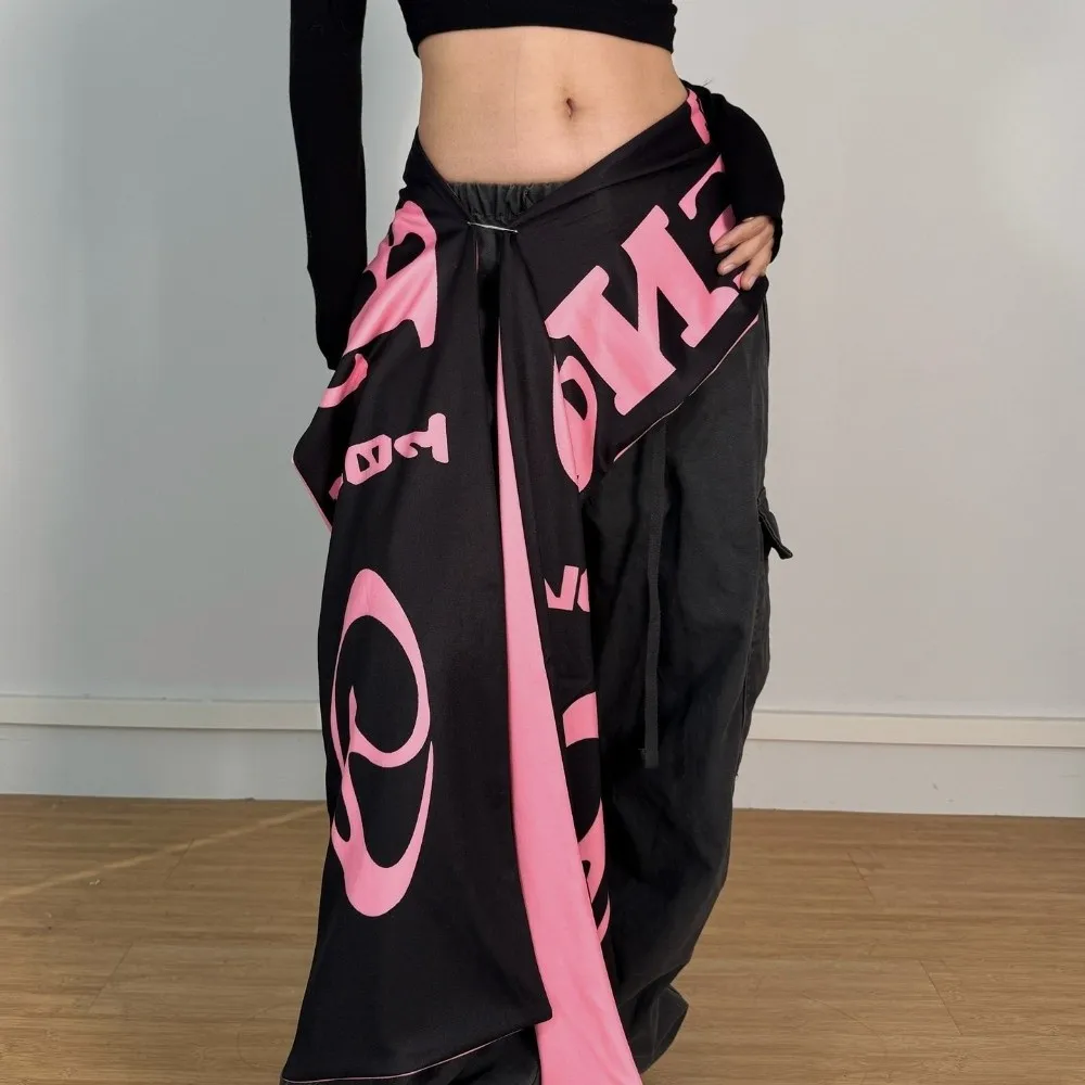 Trendy Women Waistband Jazz Dance Belt Widen Y2K Letter Print Black Belts Removable Harajuku Hip-hop Scarf for Street Dance