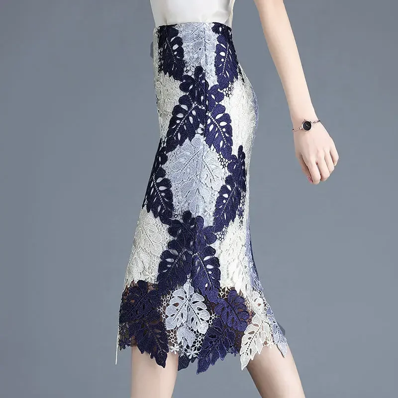 Elegant 3D Leaves Embroidery Midi Pencil Skirt Contrast Color Patchwork Crochet Lace Hip Pack Knee Length OL Skirts