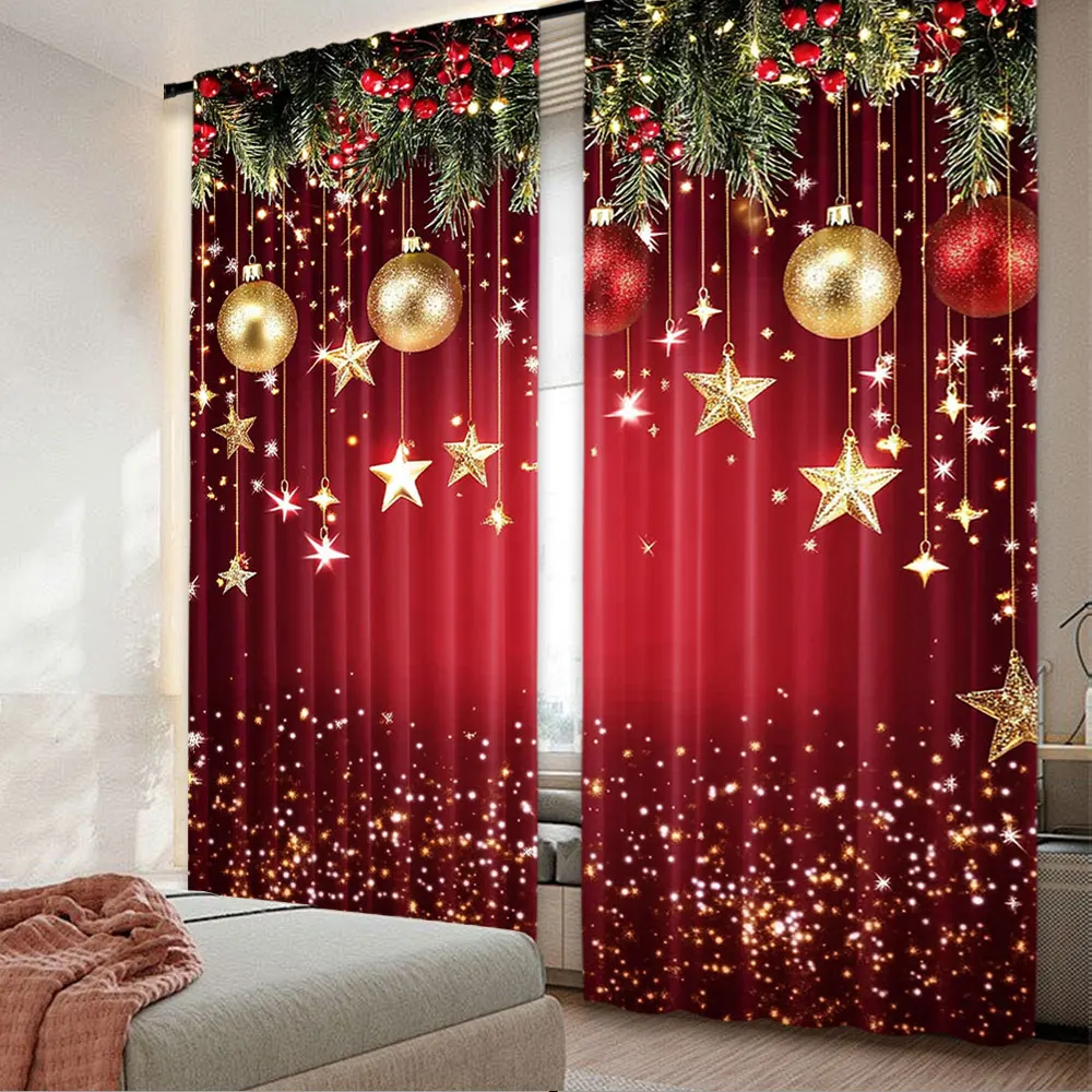 2Pcs Christmas Curtain Red Christmas Sparkling Stars Christmas Backdrop New Year Eve Party Xmas Holiday Decorations