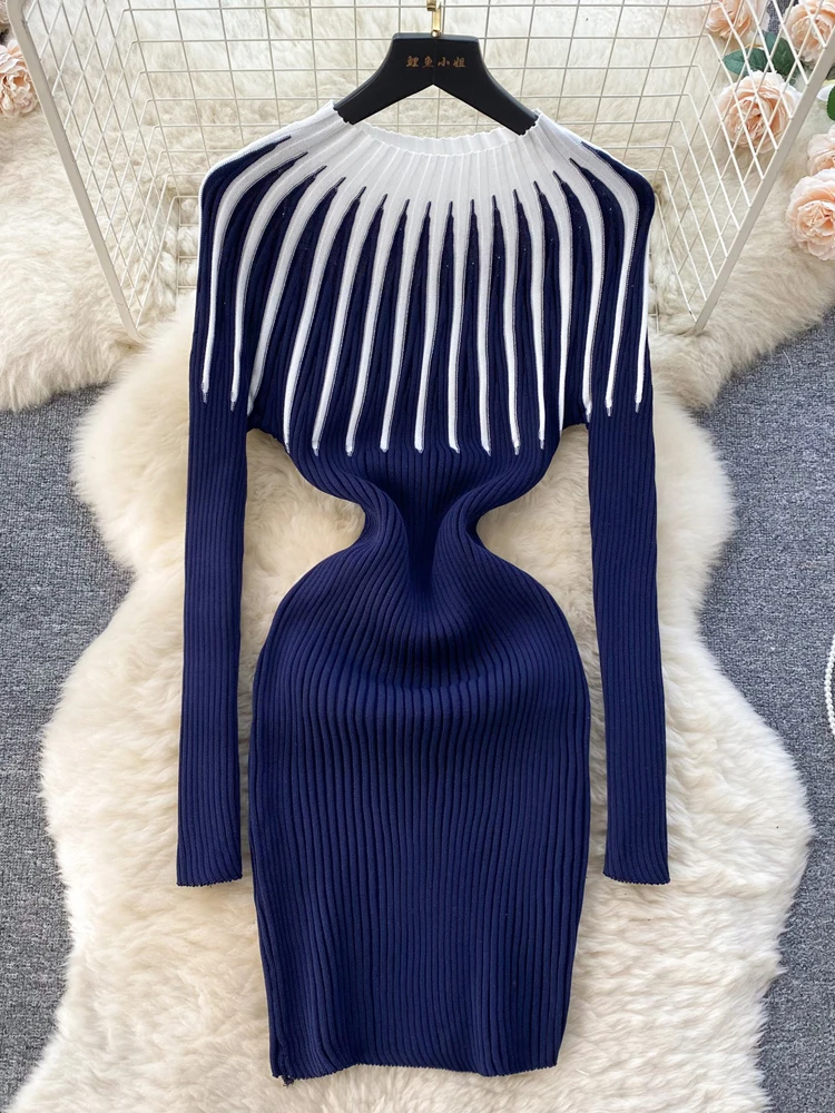 YuooMuoo Chic Fashion Sexy Wrap Hips Mini Dress Autumn Winter Elegant Y2K Gradient Knitted Sweater Dress Lady Party Vestidos