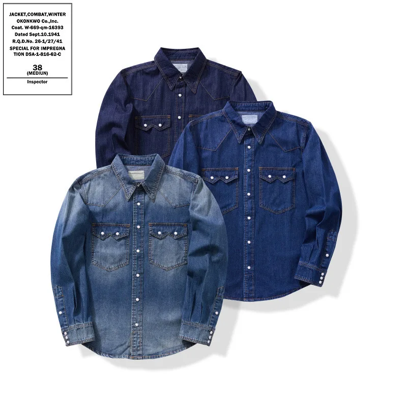Amekaji American Vintage Pearl Snap Washed Slub Denim Shirt - Raw Indigo Workwear Shirt for Men Soft OKONKWO