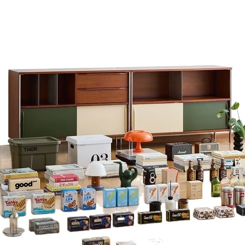 medieval style color matching solid wood dining side cabinet, multi-functional storage display cabinet, small apartment guest