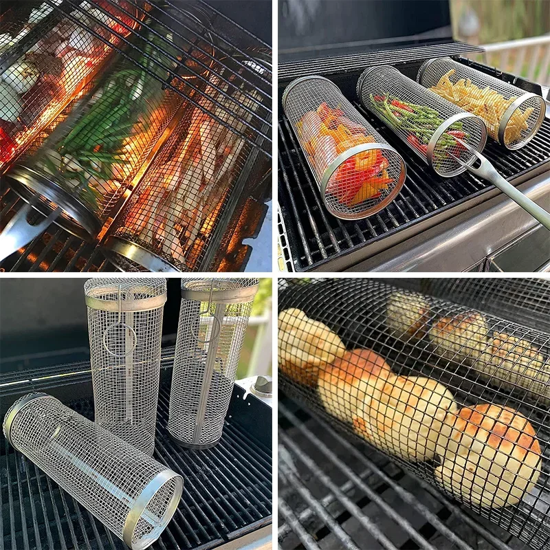 Stainless Steel Barbecue Cage Outdoor BBQ Cylinder Grill Smoked Mesh Drum Barbecue Tool barbecue kamado bbq accessories