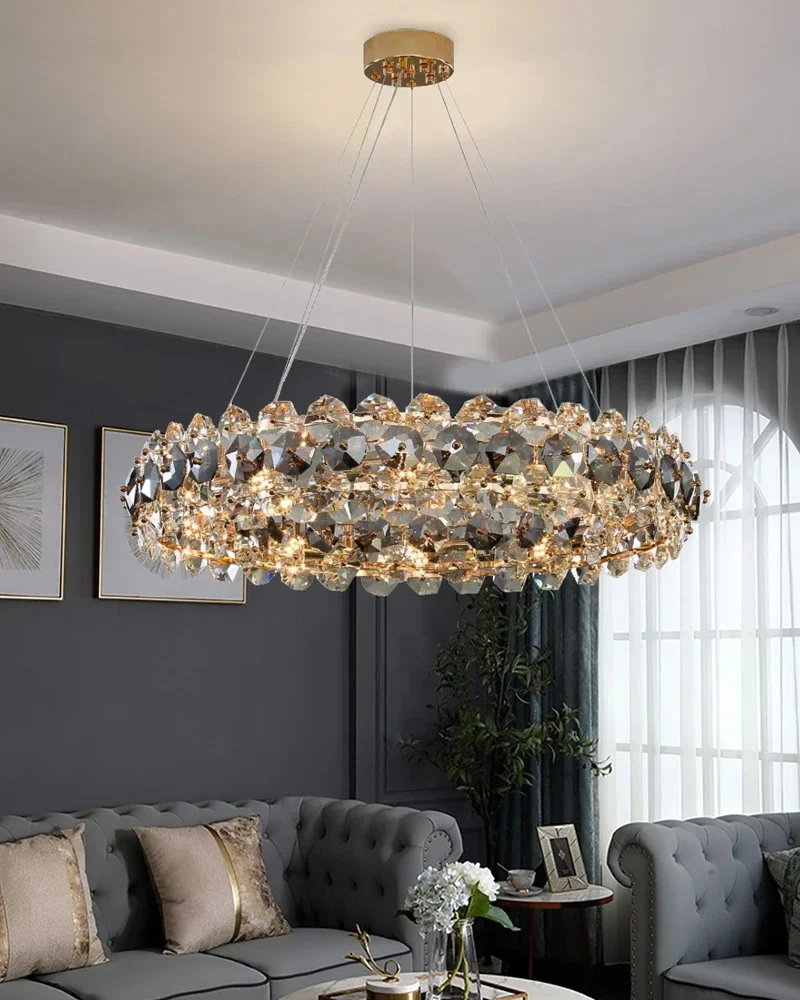 Modern Crystal Chandelier For Living Room Round Hanging Lamp For Bedroom Rectangle Smoke Gray Cryistal Light For Kitchen Island