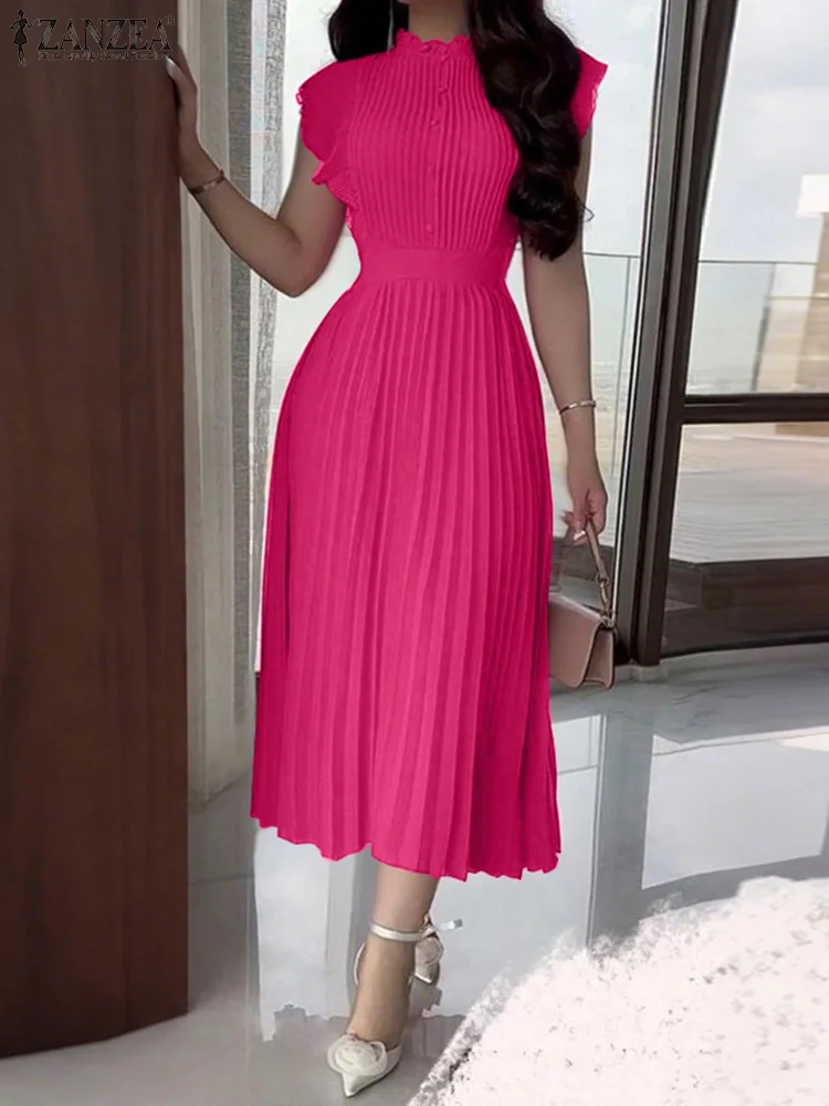 ZANZEA 여성 여름 드레스 민소매 주름 베스티도스 2025 캐주얼 OL 워크 선드레스 지퍼 패션 솔리드 터틀넥 로브 팜므