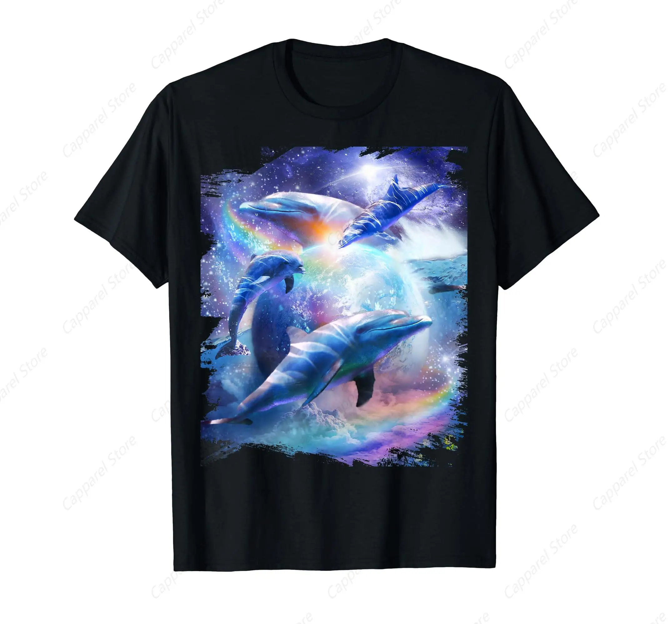 Galaxy Dolphins in Space T-Shirt for Men Cotton 100% Summer Tops Women