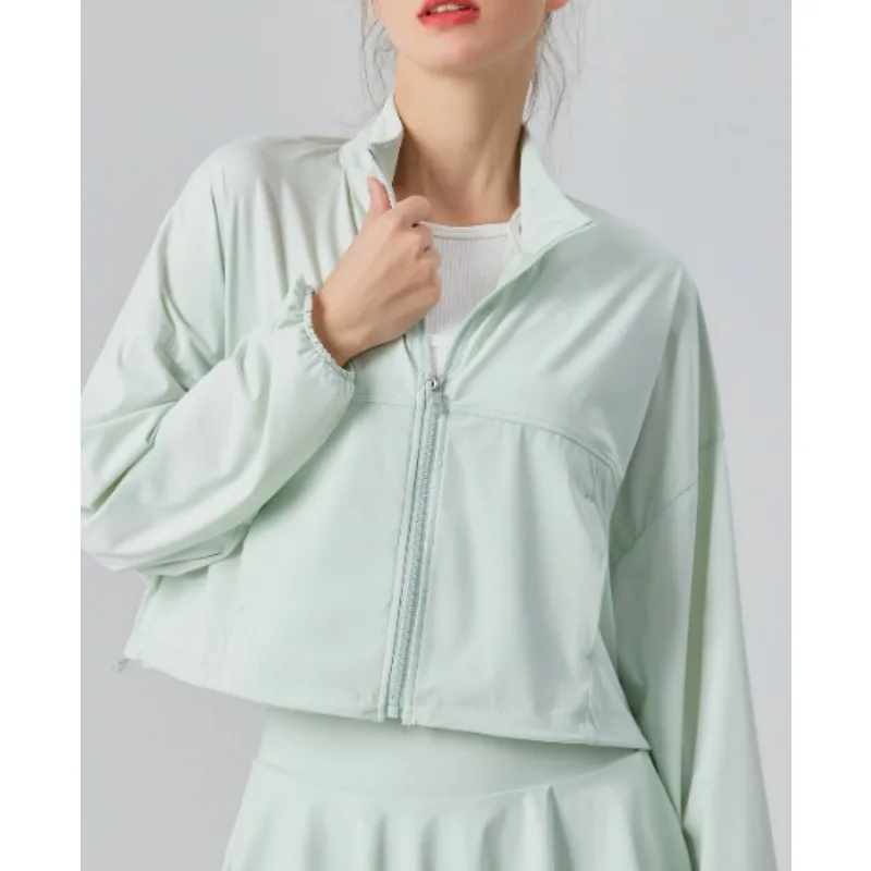 

Весенняя однотонная женская спортивная куртка с воротником-стойкой, свободного кроя, для тенниса, фитнеса, бега, с защитой от солнца