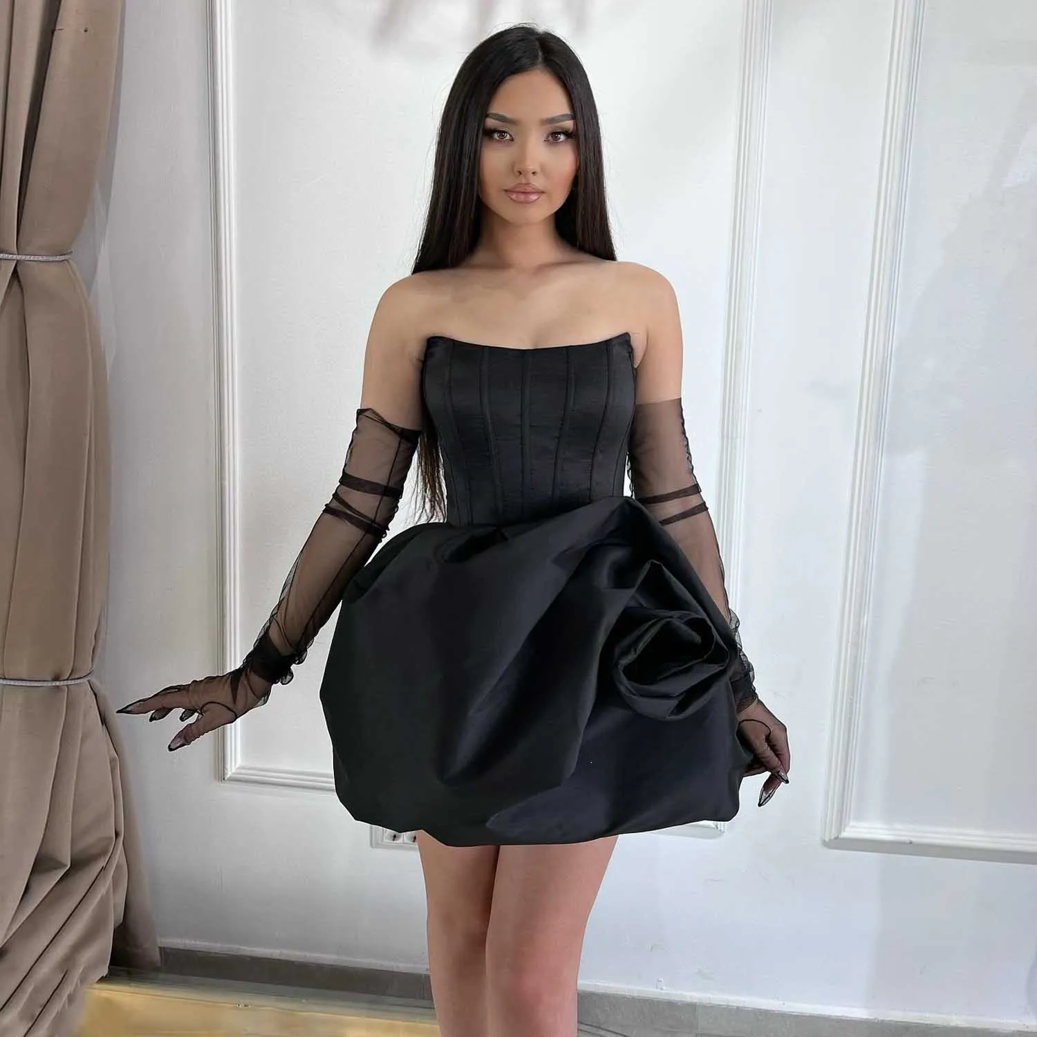

Gorgeous Big Rose Flowers Wedding Party Dresses Bridal Photoshoot Dress with Detachable Sleeve Handmade 3D Floral Prom Dress