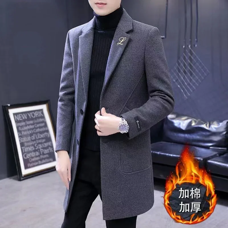 

2023 New Men's Leisure Korean Version of Solid Color Thickened Plus Fleece Windbreaker Medium Length Slim Wool Wool Overcoat