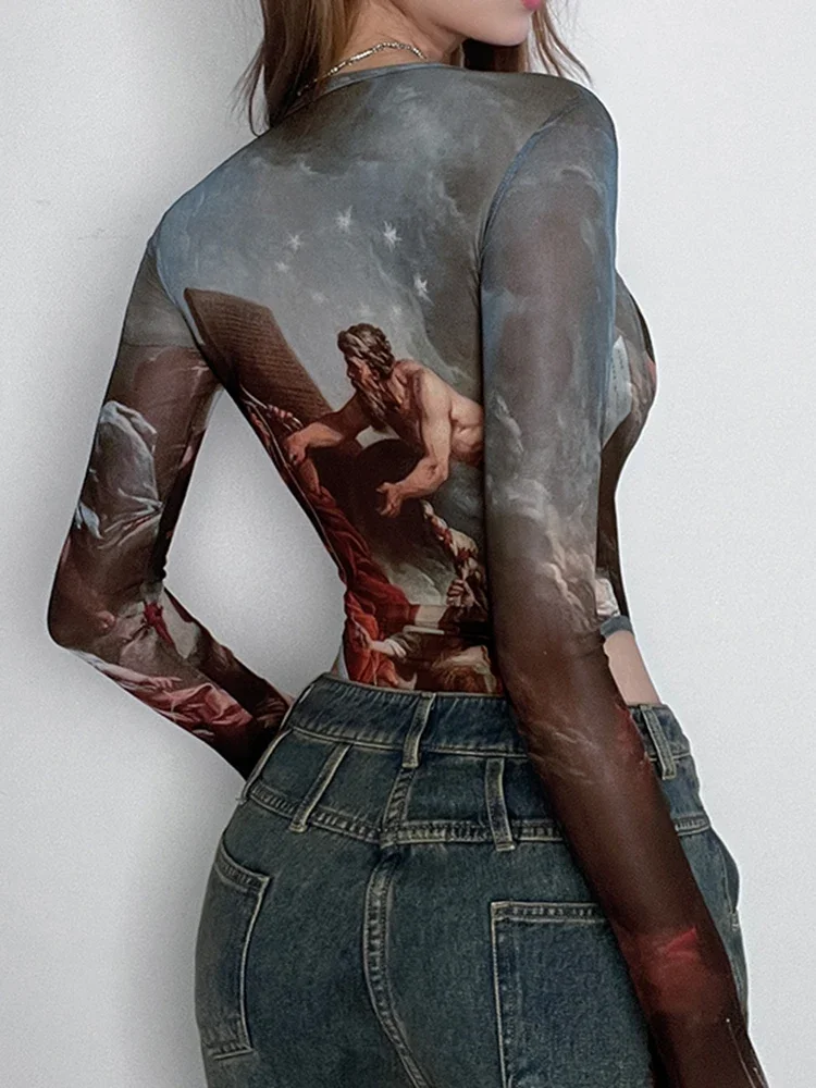 Rockmore خمر مطبوعة شبكة داخلية النساء مقوس دانتيل ساحة الرقبة عالية الخصر التفاف كم طويل ارتداءها عيد الهالوين عيد الميلاد