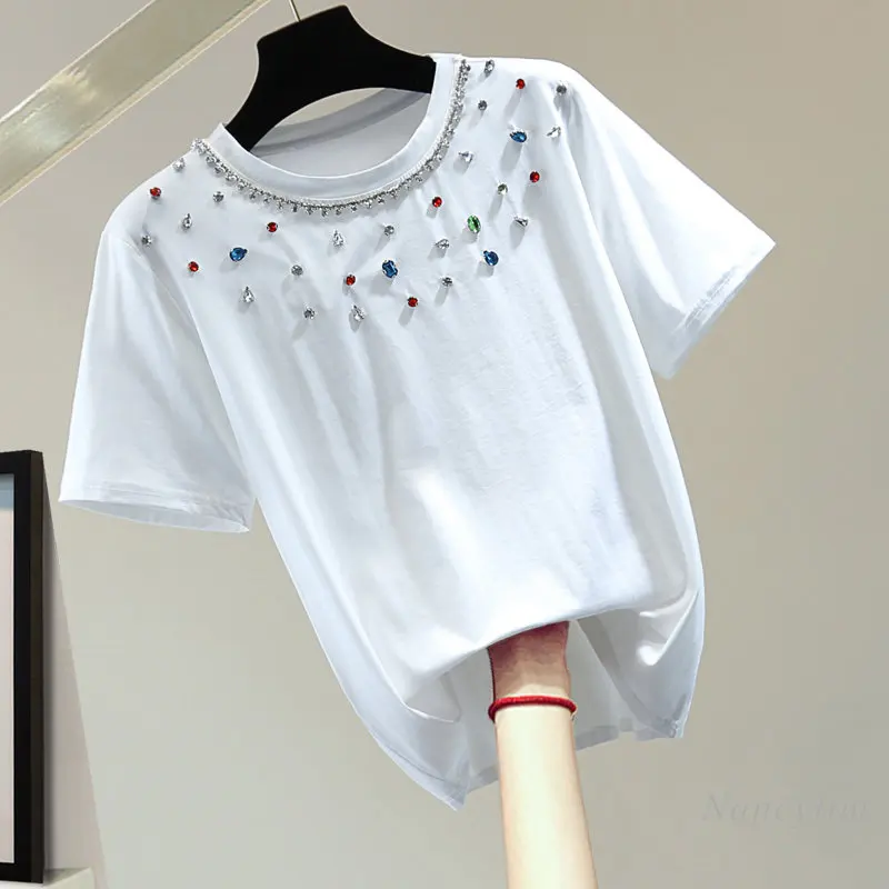 T-shirt manica corta girocollo Color diamante per donna 2023 estate stile coreano Tshirt in puro cotone sciolto Top dritto