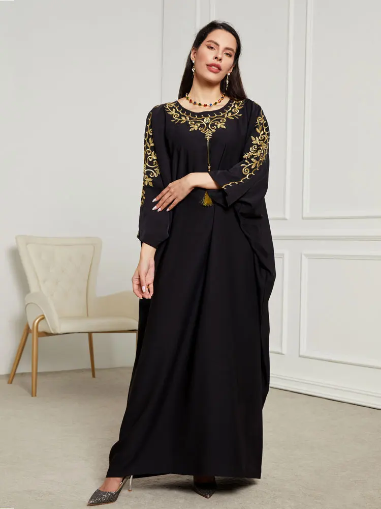 Muslim Batwing Sleeve Tassel Embroidery Kaftan Corban Eid Al Adha Party Evening Dress Moroccan Turkey Dubai Abaya Women Robe