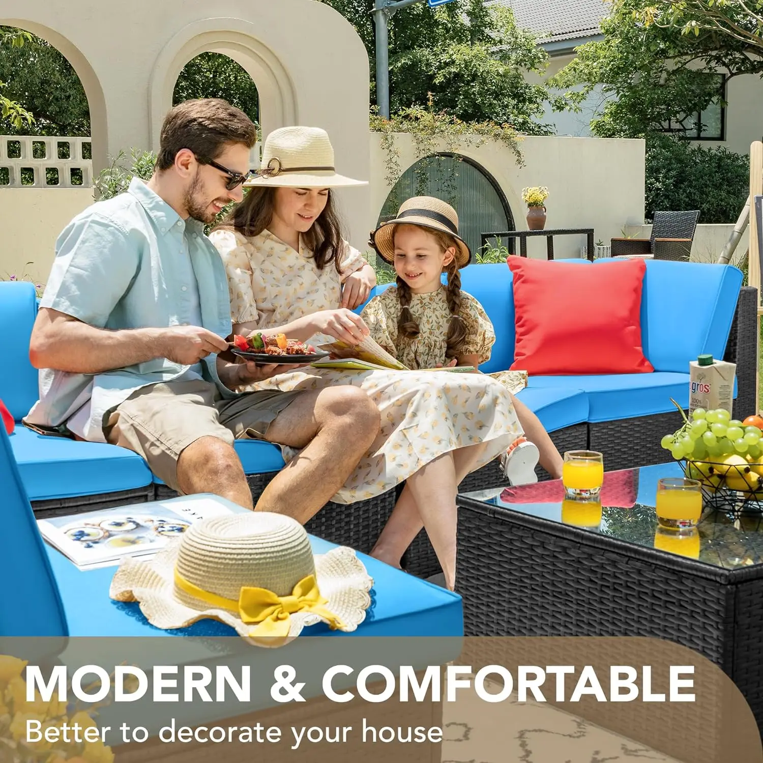 7 stücke Outdoor-Schnitts ofa Terrasse setzt manuelle Weben Korb Rattan Terrasse Konversation sets mit Kissen und Glas tisch