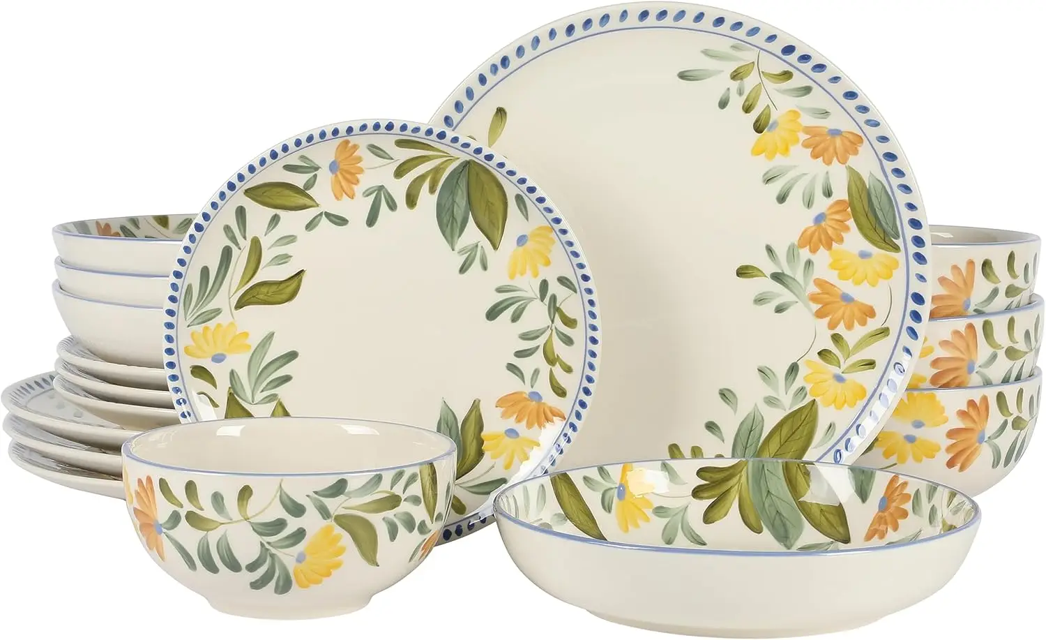 

Hand-Painted Floral Stoneware Dinnerware Set for Four, 16 Pieces with Sustainable Design