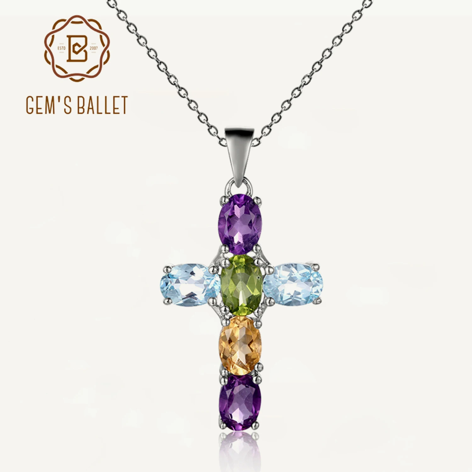 

GEM'S BALLET 925 Sterling Silver Cross Necklace For Women Natural Amethyst Topaz Colorful Gemstone Pendant Jewelry 2021 NEW