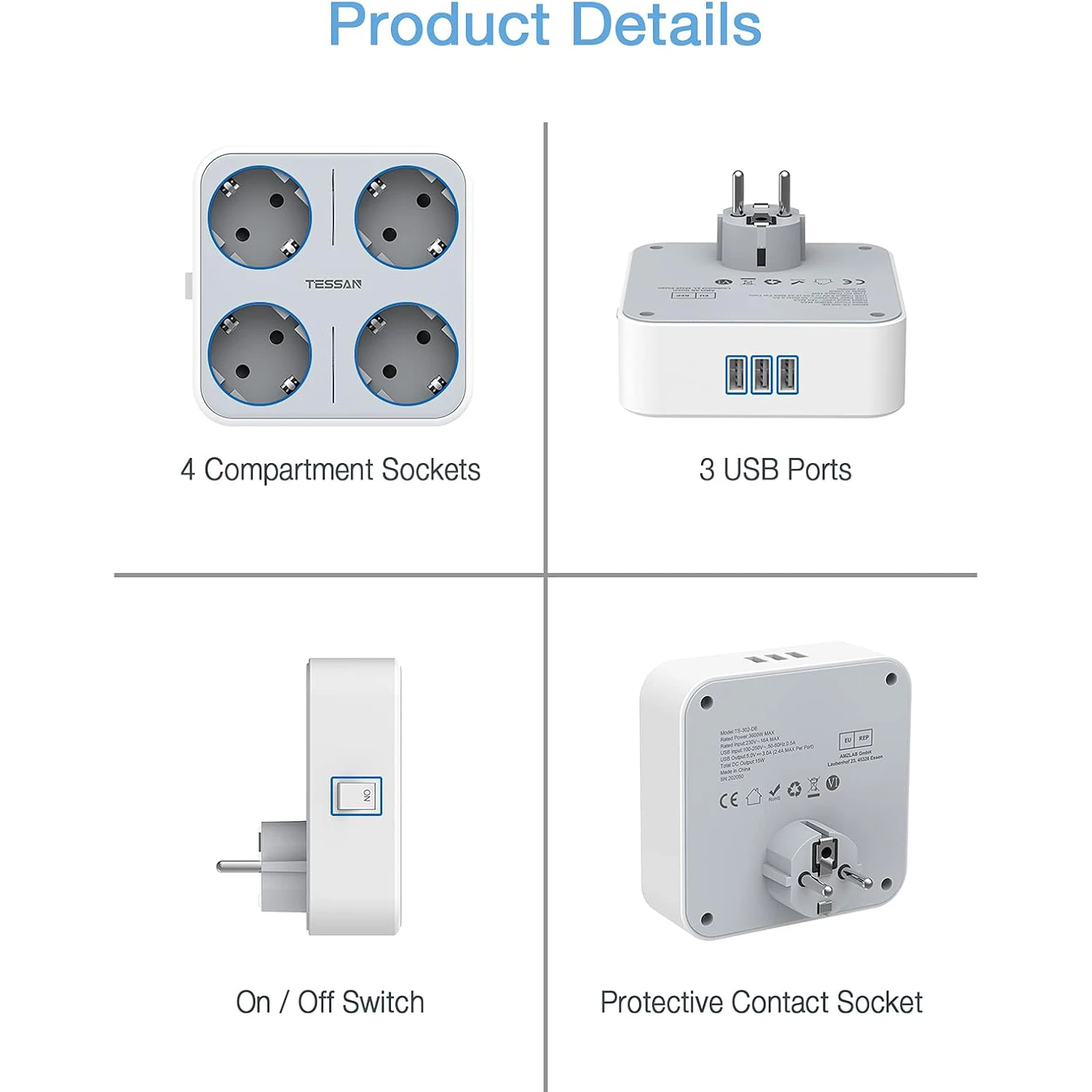 TESSAN Европейская универсальная USB-розетка 5 В, адаптер питания, портативная настенная розетка 3600 Вт для Франции, Кореи, Испании, Израиля, Польши