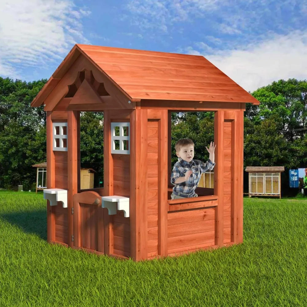 

Wooden Outdoor Playhouse, Wooden Play House Playground for Backyard with 2 Windows and Flowerpot Holder,42" Lx46 Wx55 H